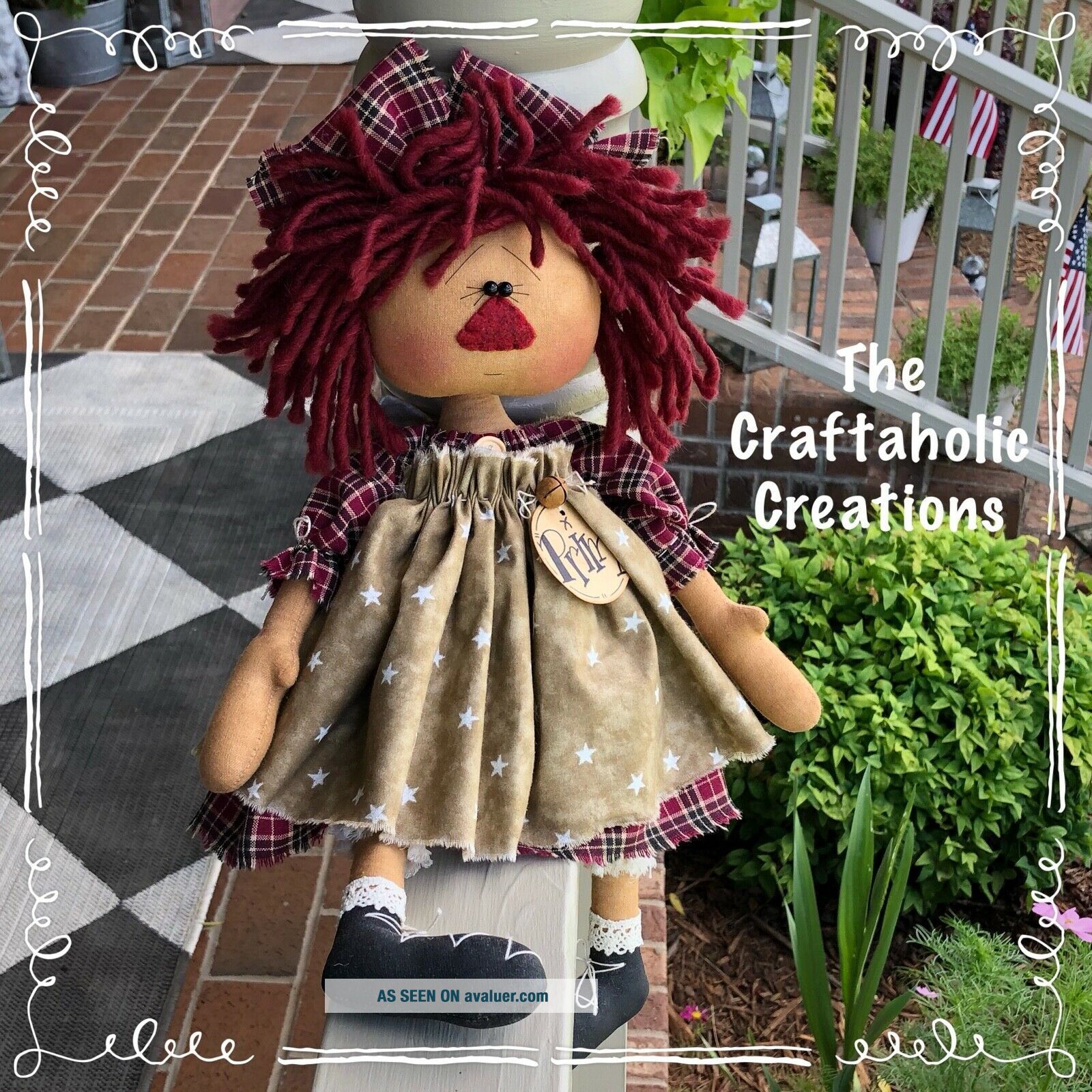 Primitive Raggedy ANN Doll Annie PRIM Burgundy/black Plaid STARS Lace ...