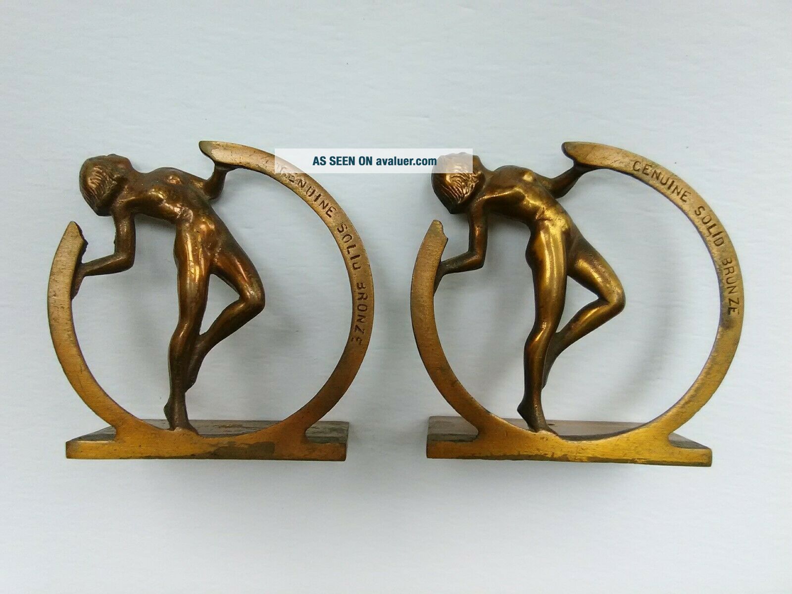 ANTIQUE BRONZED ART DECO NOUVEAU NUDE WOMAN DANCER w/ SCARF BOOKENDS SET OF 2