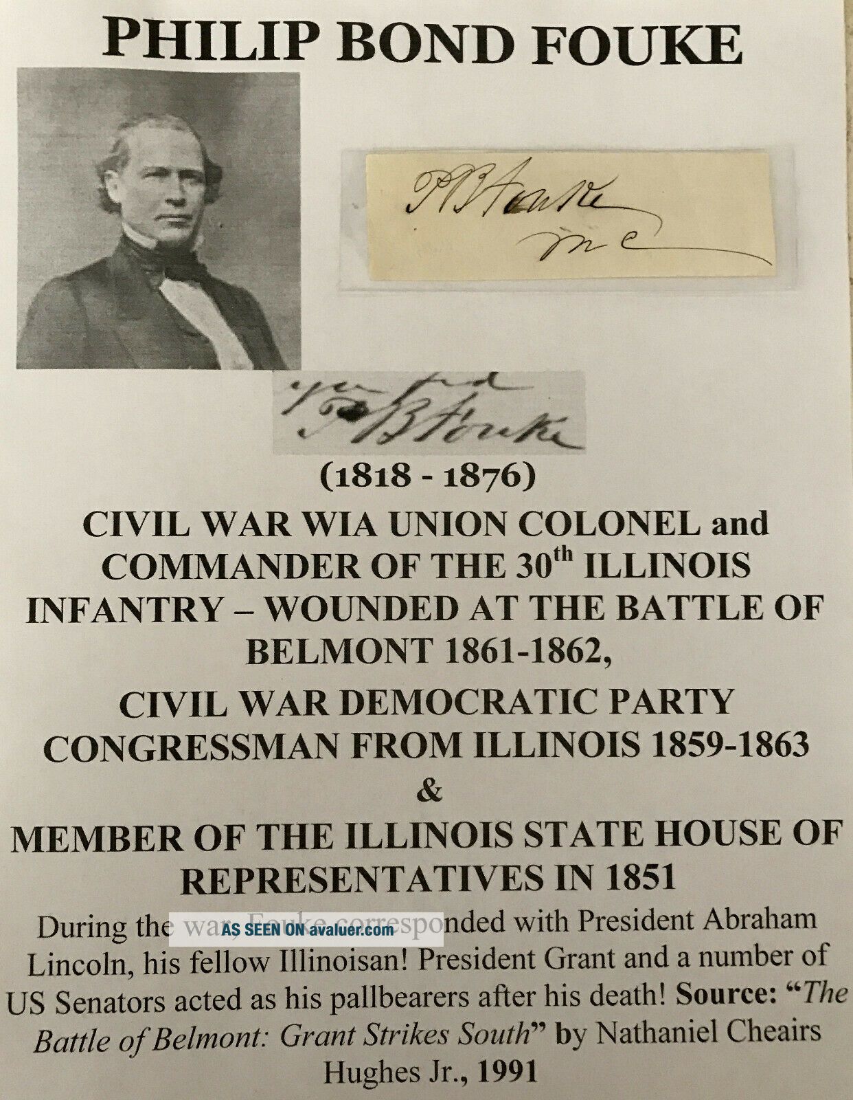 CIVIL WAR WIA COLONEL 30th ILLINOIS INFANTRY CONGRESSMAN FOUKE ...