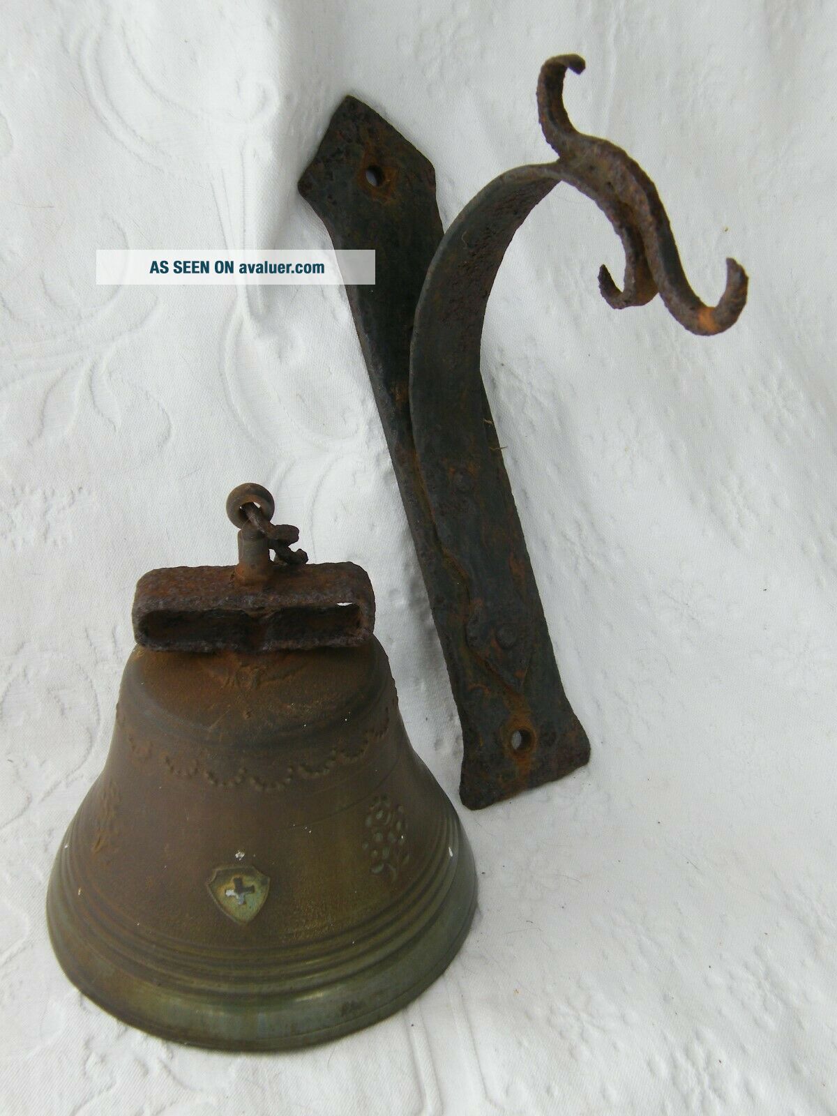 Antique - Victorian Brass Bell With Blacksmith Wrought Wall Hanger ...