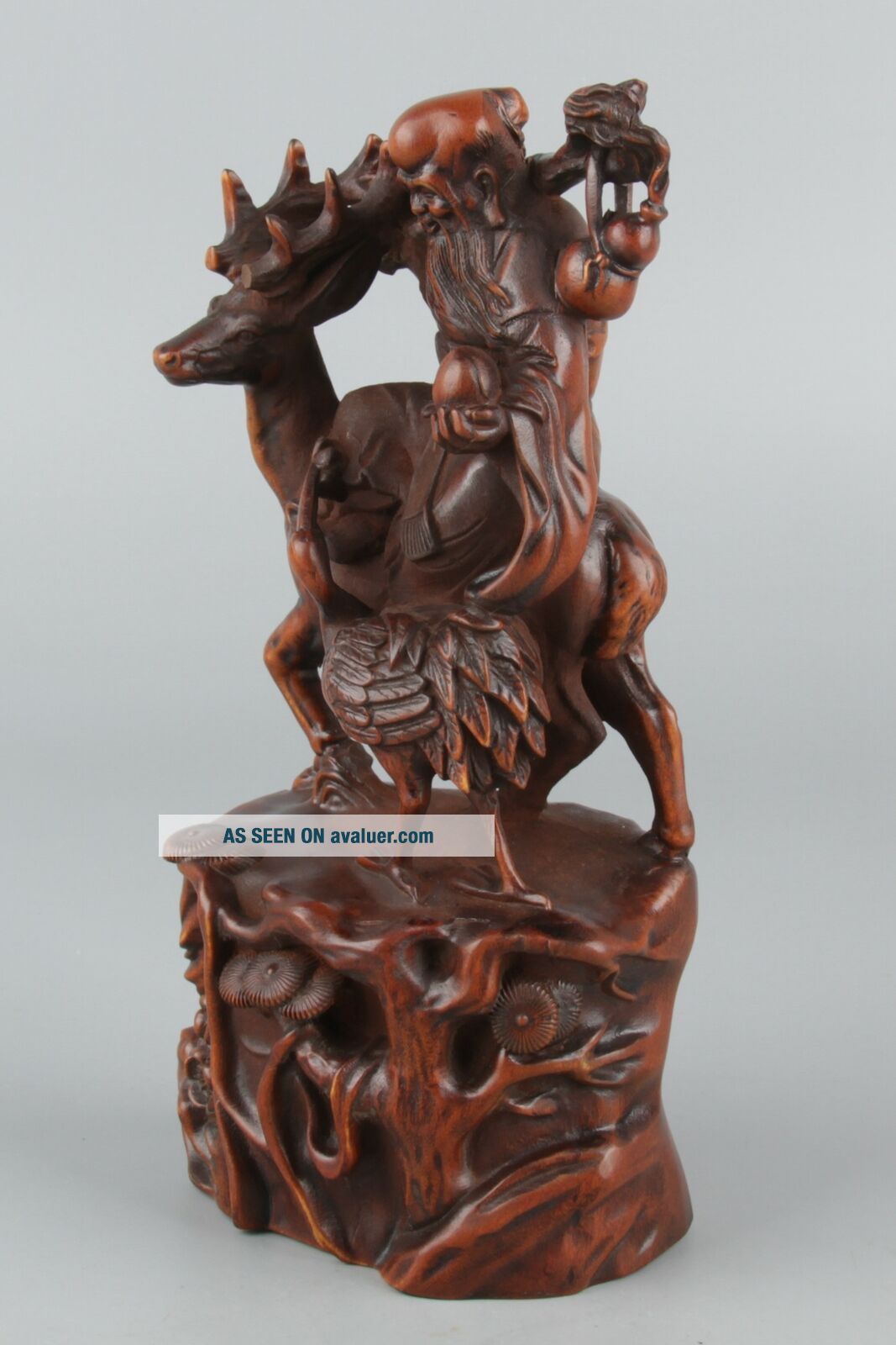 Chinese Exquisite Hand Carved Longevity God Deer Crane Carving Boxwood ...