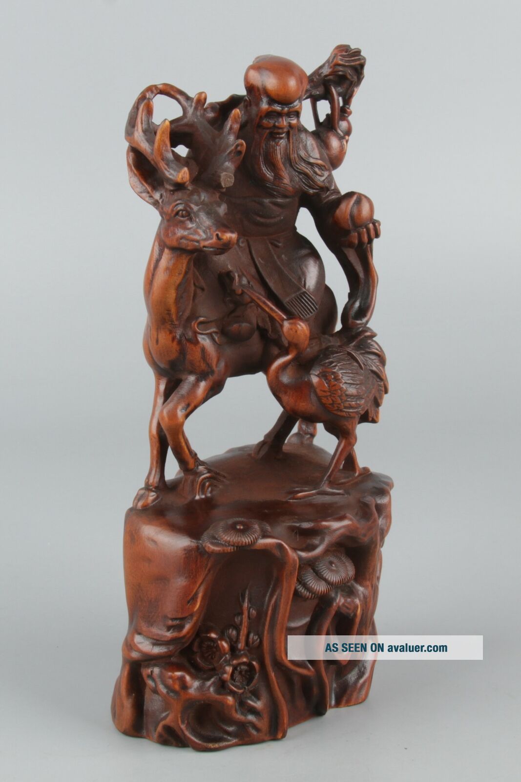Chinese Exquisite Hand Carved Longevity God Deer Crane Carving Boxwood ...