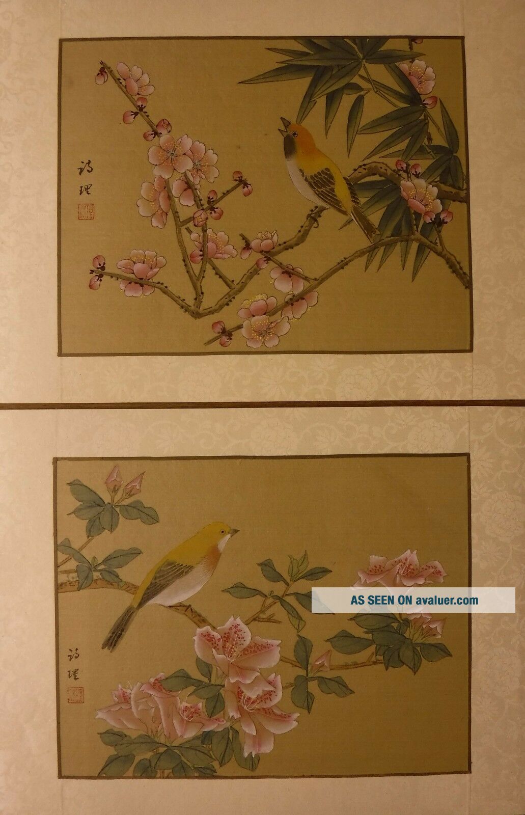 SF01 PAIR Prunus Bamboo Azalea Birds Chinese Paintings On Silk 12”x9 ...