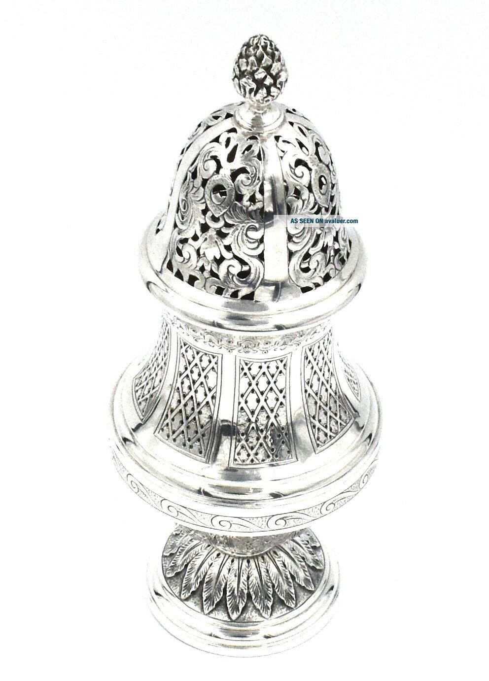 ANTIQUE LARGE MUFFINEER BAROQUE SCROLL FLORAL DESIGN STERLING SILVER ...