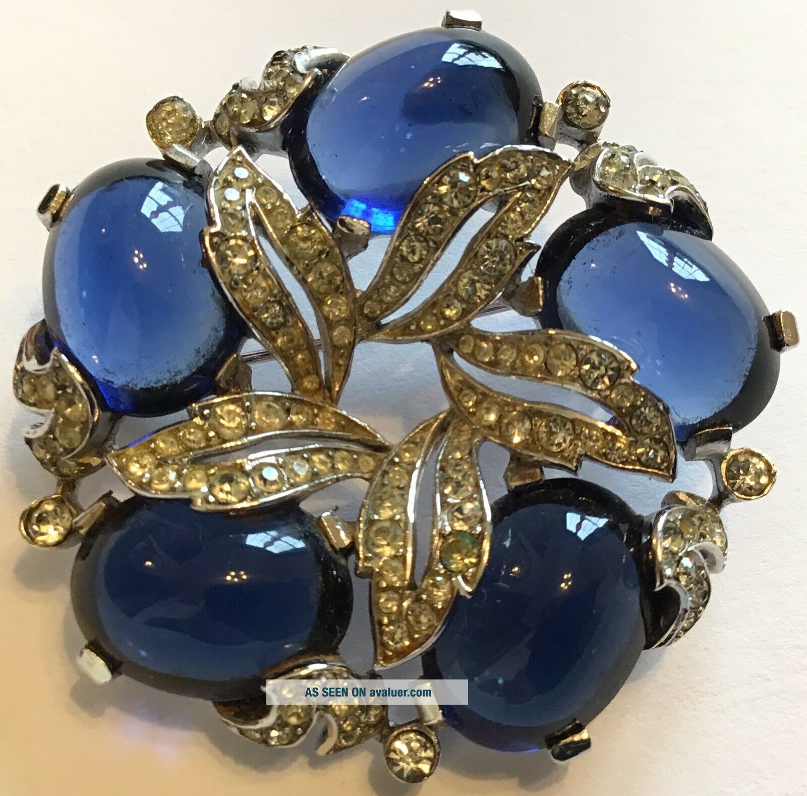 VINTAGE CROWN TRIFARI SIGNED EMPRESS BLUE & CLEAR RHINESTONE BROOCH ...