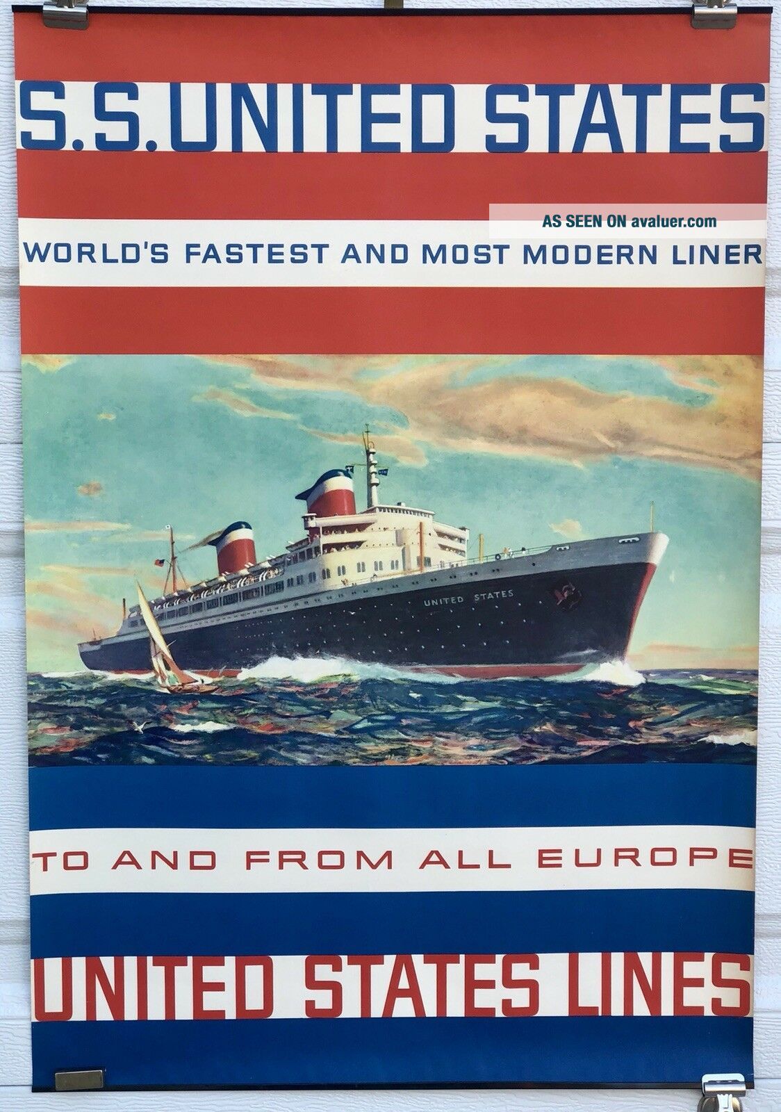 Vintage Rare 1950’s S.  S.  United States Lines Europe Cruise Ship Poster 20 x 30