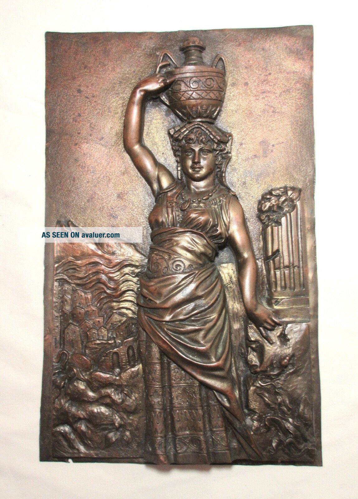 Plaque Murale Antique En Bronze Massif Années 1800 - Scène Figurative Animalière, Occasion